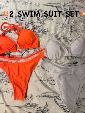 Women’s Neon Orange & White Triangle Bikini Set - Classic Tie Swimwear- Large